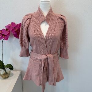 MODA INTERNATIONAL Women’s Pink Belted Knit Princess Sleeve Wrap Cardigan Size L
